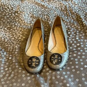 Tory Burch Silver Croc-Embossed Flats